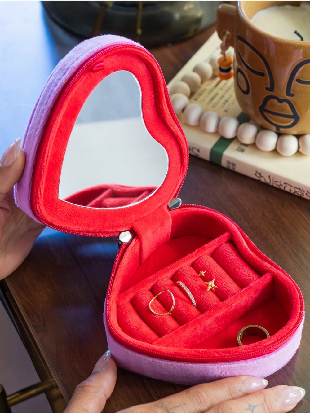 Plush Heart Jewelry Box with Mirror - Pink and Red